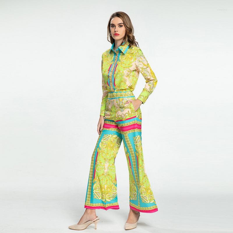 

Women' Two Piece Pants 2022 Spring And Summer Long Sleeve Printed Shirt High Waist Width Flares Pant Set Women' 211128YX01, Yellow