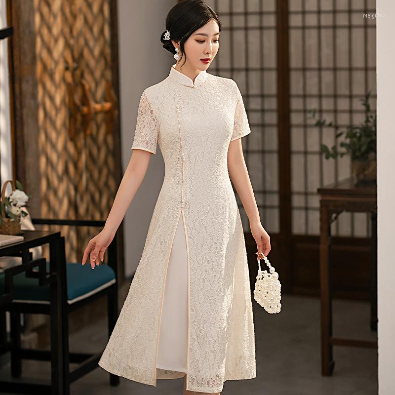 

Ethnic Clothing 2022 Autumn Mid-length White Thin Short-sleeved Lace Improved Aodai Cheongsam Daily Hollow Chinese Qipao Dress For Women