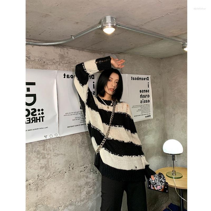 

Women' Sweaters Vintage Fashion Women Long Sleeve Jumpers Sexy Knit Sweater Hole Y2k Autumn Striped Pullovers Spring Tops Female Streetwear, Heibaitiaowen