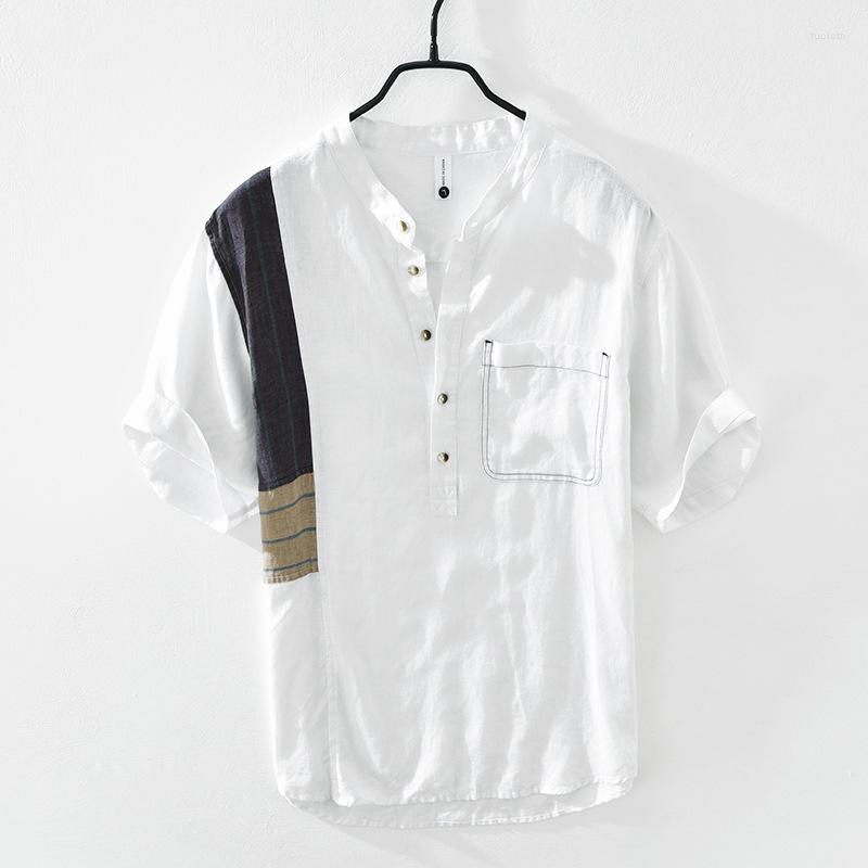 

Men's Casual Shirts Summer Stitching Men's Linen Short-Sleeved Collared Shirt Youth Thin Top, Blue