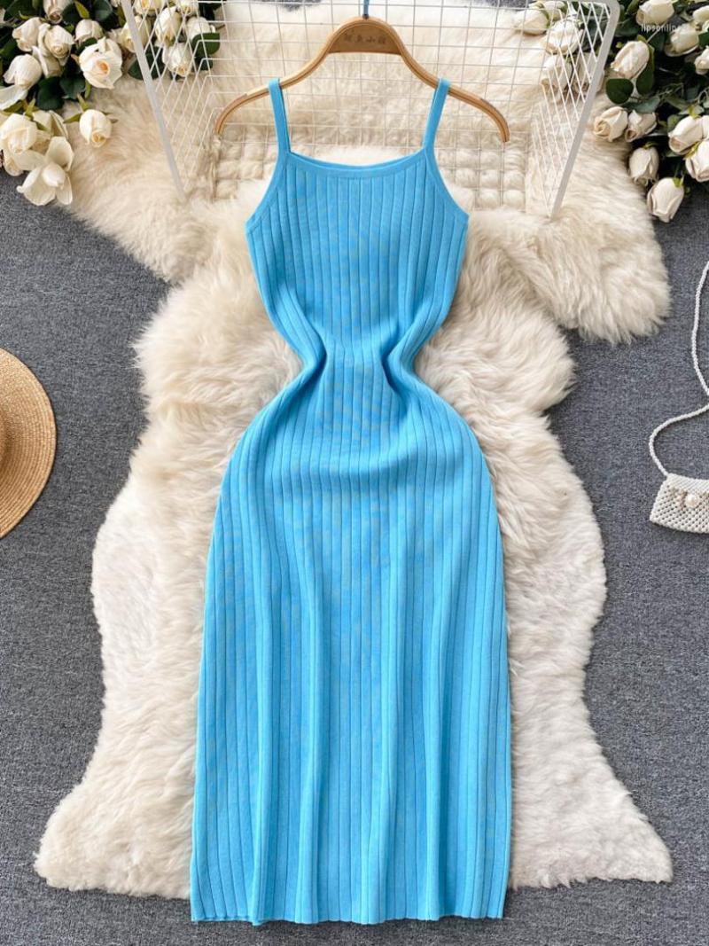 

Casual Dresses Foamlina Women Knitted Strap Dress 2022 Korean Fashion Summer Long Sleeveless Slim Stretch Bodycon Party Vestidos, Black