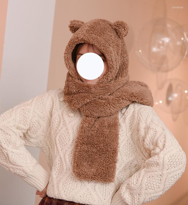 

Scarves Winter Solid Warm Neck Scarf Women Cute Bear Ears Plush Scarfs Female Kawaii Double-deck Hat Shawl Gift For Girl White