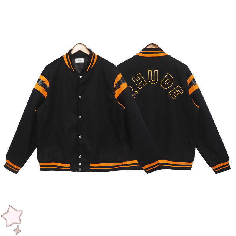 

Fleece 2022 Rhude Jacket Lightning Patch Leather Design Men' Women' Autumn Winter Loose Hip-hop Woolen Coat N1yi