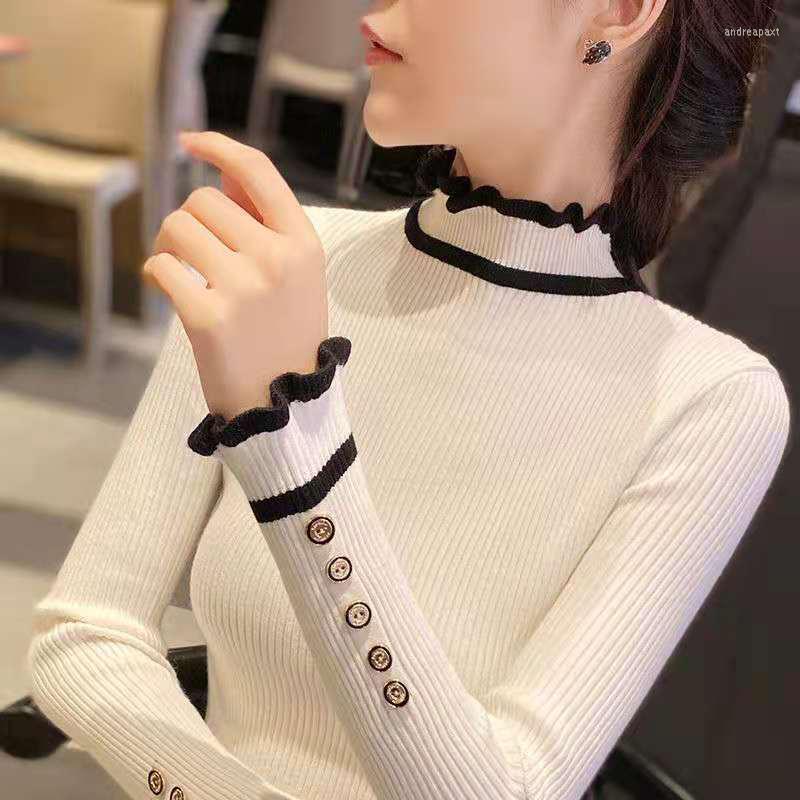 

Women's Sweaters Autumn Winter Women Fashion Button Ruffles High Collar Ladies Sweater FDC4340, Rk1