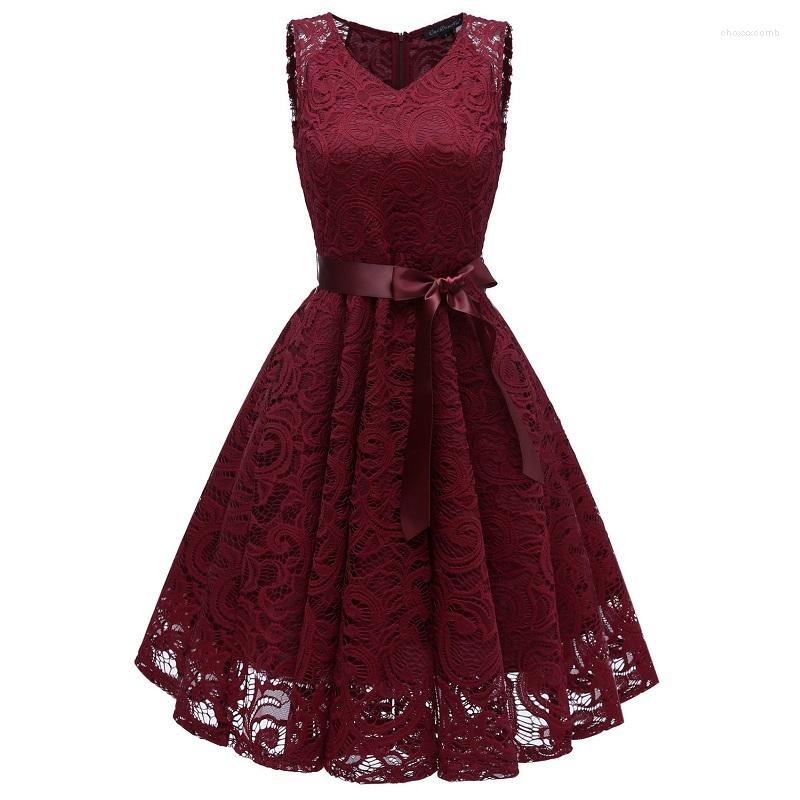 

Casual Dresses Summer Women Sleeveless Lace Dress Vintage Cocktail Robe Dentelle Femme Vestido De Fiesta Beach Sundress Sashes Party, Gray