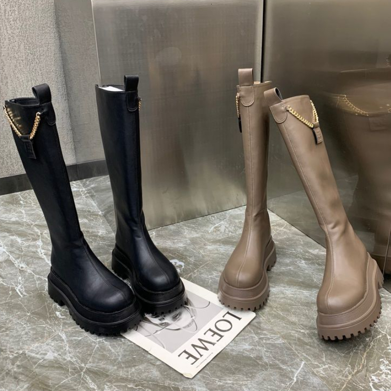 

Boots Thick Sole Punk Chain Women's Shoes Back Zipper Over Knee High Fashion Soft Leather NonSlip 221114, Black