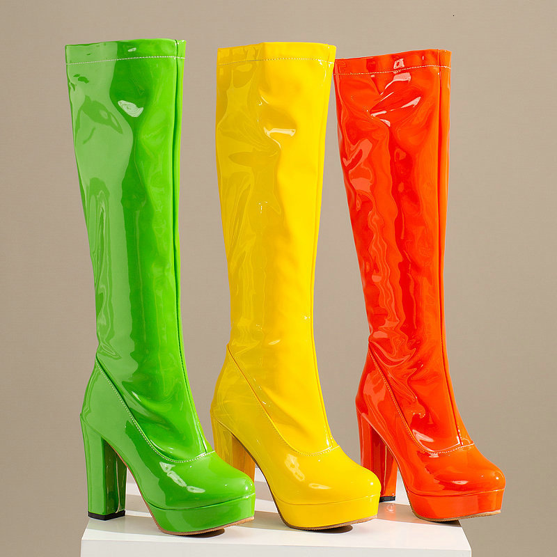 

Boots PU Patent Leather Orange Yellow Green Sexy Pumps Plus Size 3248 13 Western Platform Block High Heels Knee High Stretch Boots 221114, Black