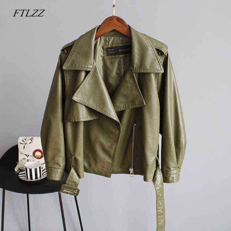 

FTLZZ New Autumn Pu Motorcycle Faux Soft Leather Women Coat Jacket Turndown Collar Long Sleeve Epaule Female Loose Short Jacket J220727, Army green