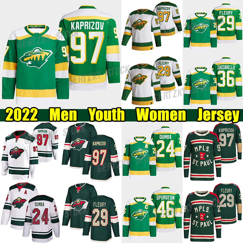 

#97 Kirill Kaprizov Reverse Retro hockey jersey #29 Marc-Andre Fleury Wild#46 Jared Spurgeon Mats Zuccarello Matt Dumba Marcus Foligno Joel Eriksson Ek jerseys, White women