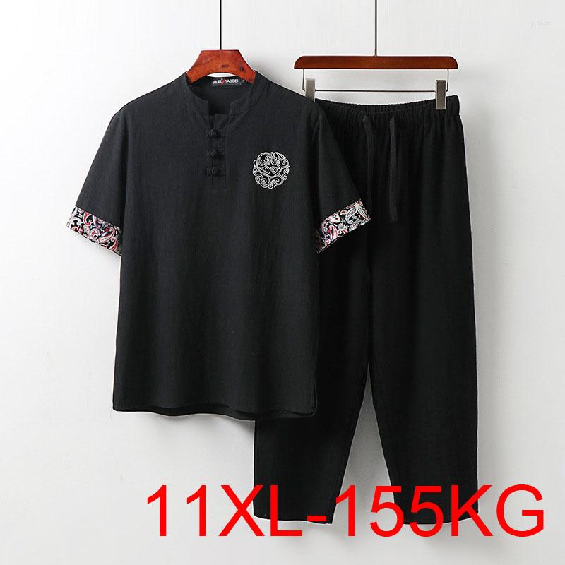 

Men's T Shirts 150Kg Plus Size Summer Chinese Style Embroidery T-shirt Sets Bust 158cm 7XL 8XL 9XL  11XL Loose Linen Top Cropped Pant, Khaki with pants