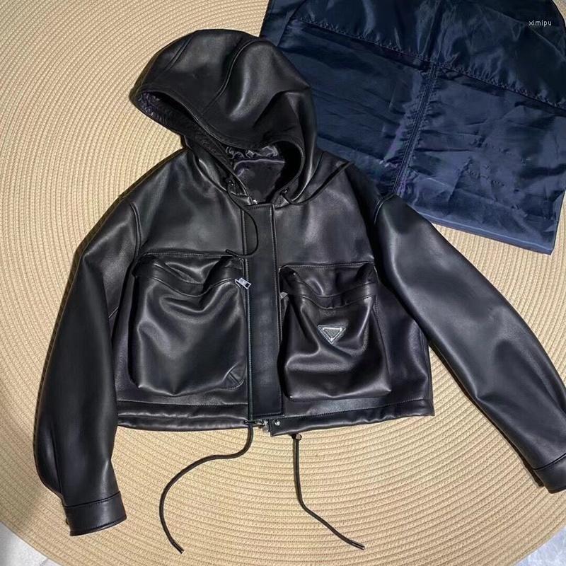 

Women' Leather Women Coat Sheepskin Jacket 2023 Fashion Natural Long Sleeve Hooded H814, Black