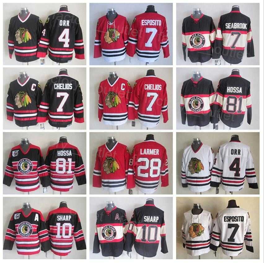 

Throwback Chicago Retro Blackhawks Hockey 81 Marian Hossa Jersey 28 Steve Larmer 4 Bobby Orr 7 Chris Chelios 10 Patrick Sharp Vintage Classi, Black
