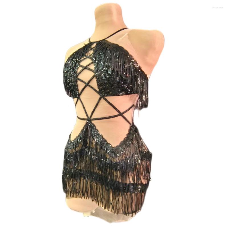 

Stage Wear Black Fringe Dress See Through Sexy Drag Dance Night Bar Queen Outfit Shining Sheer Short Dresses Cross Line Design Singer