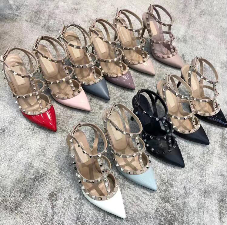 

Luxurys Women Sandals 2-Straps Shoes Rivets High Heels 6cm 8cm 10cm Sandals Classics Ankle Straps Sexy Bridal Shoe 34-44 With Box, Dark nude shiny