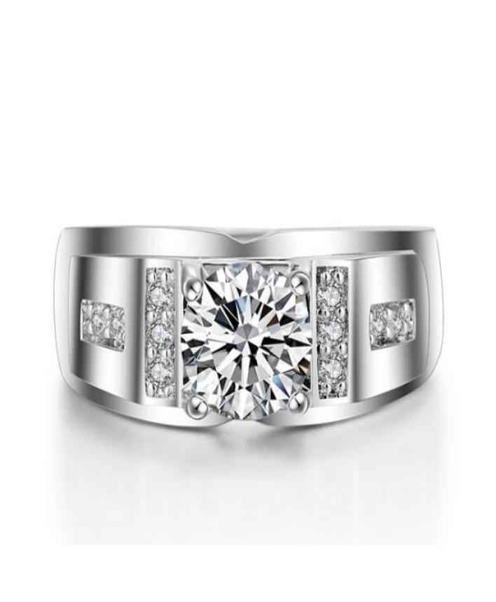 

925 Silver Round Simulated Diamond CZ Side Stone Wedding Ring for Men9255089