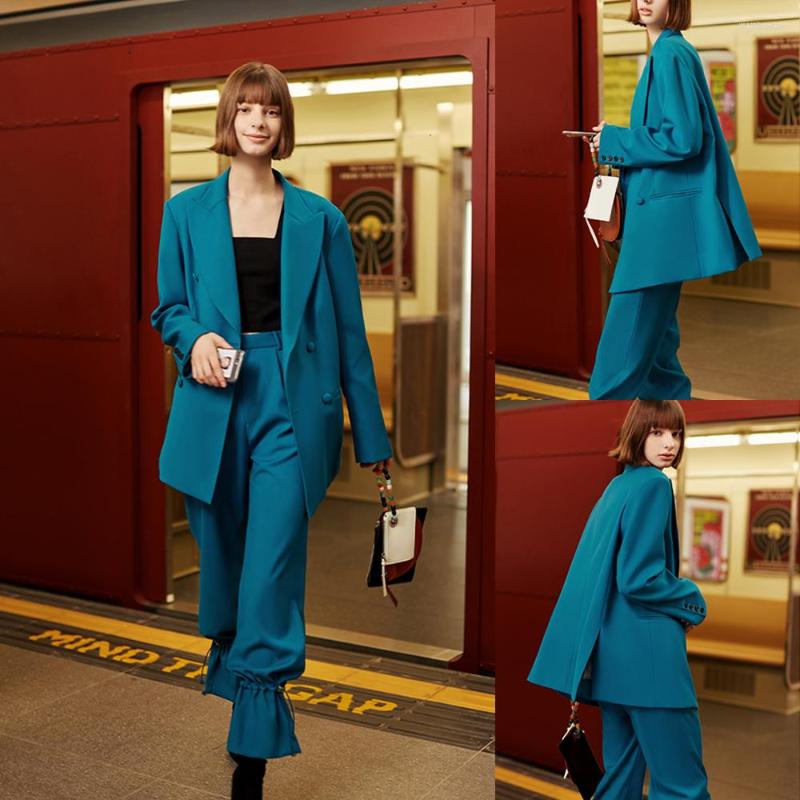

Women's Two Piece Pants Designed Women Suits 2 Pieces Custom Made Peaked Lapel Double Breasted Blazer Fashion Elegant Young Girl Jacket, Navy blue