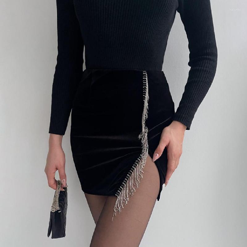 

Skirts Hirigin 2022 Autumn Black Velvet Pencil Skirt Side Tassel Split Elegant Costume Sexy High Waist Mini Women Club Outfits, As photo shows