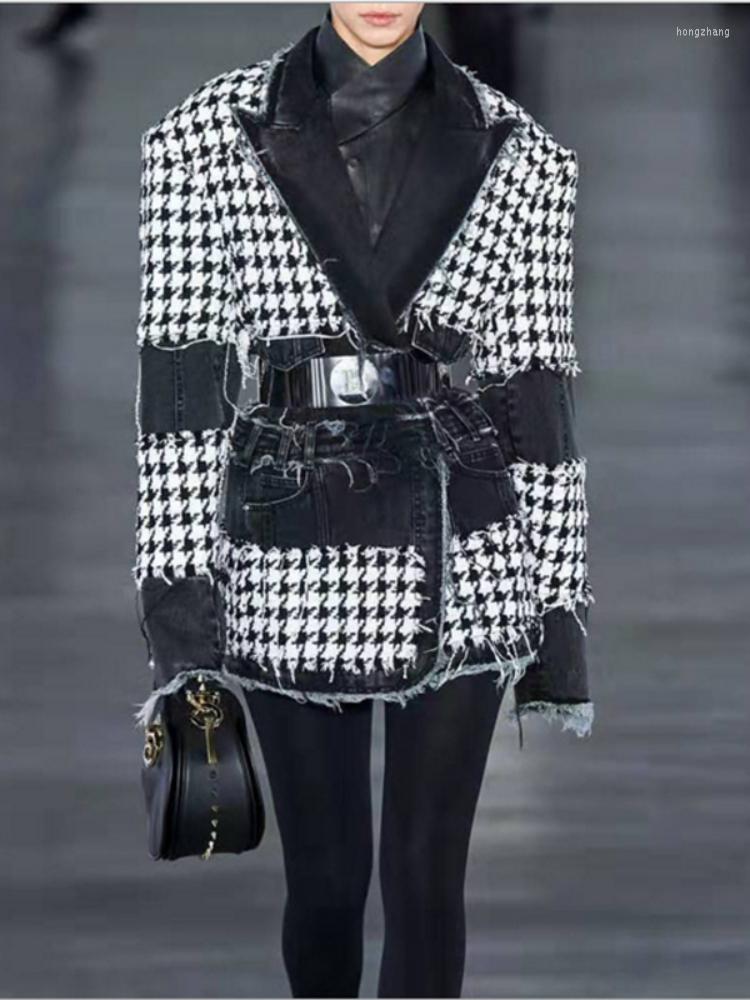

Women' Suits Fashion 2022 Designer Blazer Women' Denim Patchwork Fringed Houndstooth Tweed Jacket Women Clothing, Black