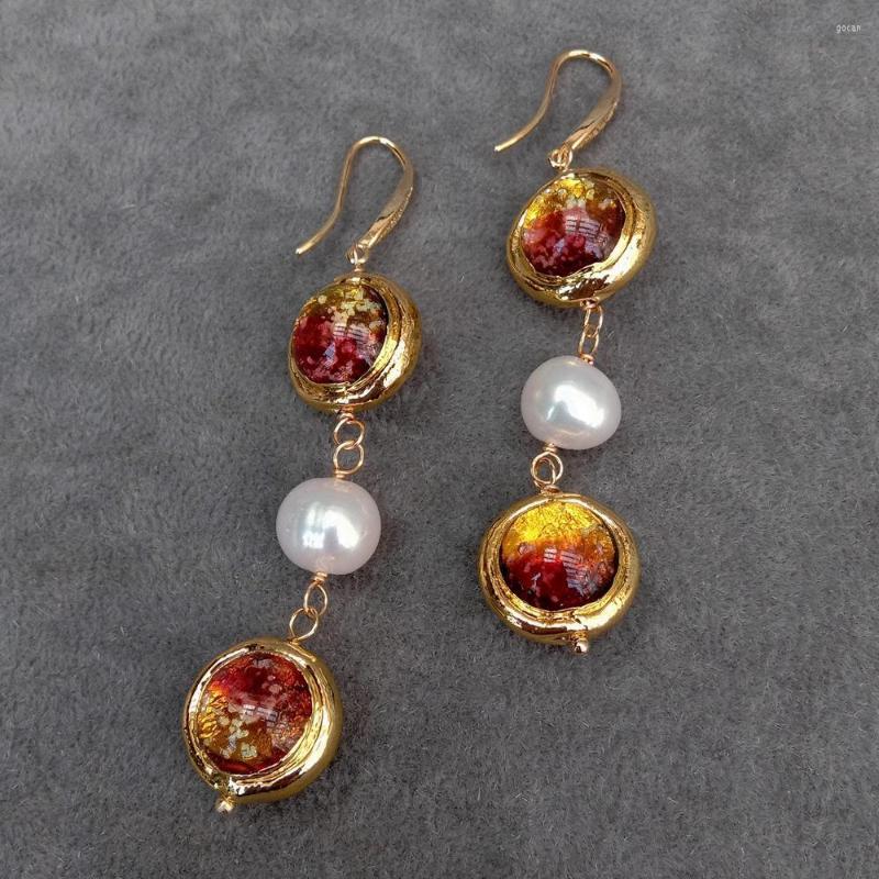 

Stud Earrings Freshwater Cultured White Pearl Brown Murano Glass Dangle Long Hook