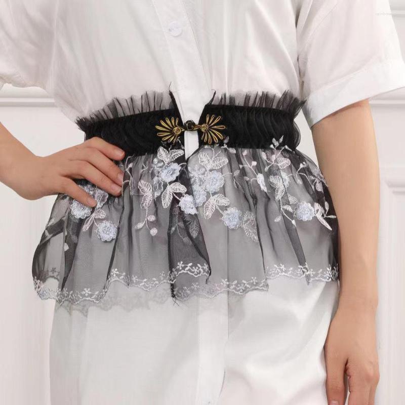

Belts Women Mesh Cloth Waistband Vintage Female Skirt Luxury Embroidery Flower Wide Corset Elastic Decorative Belt, Black
