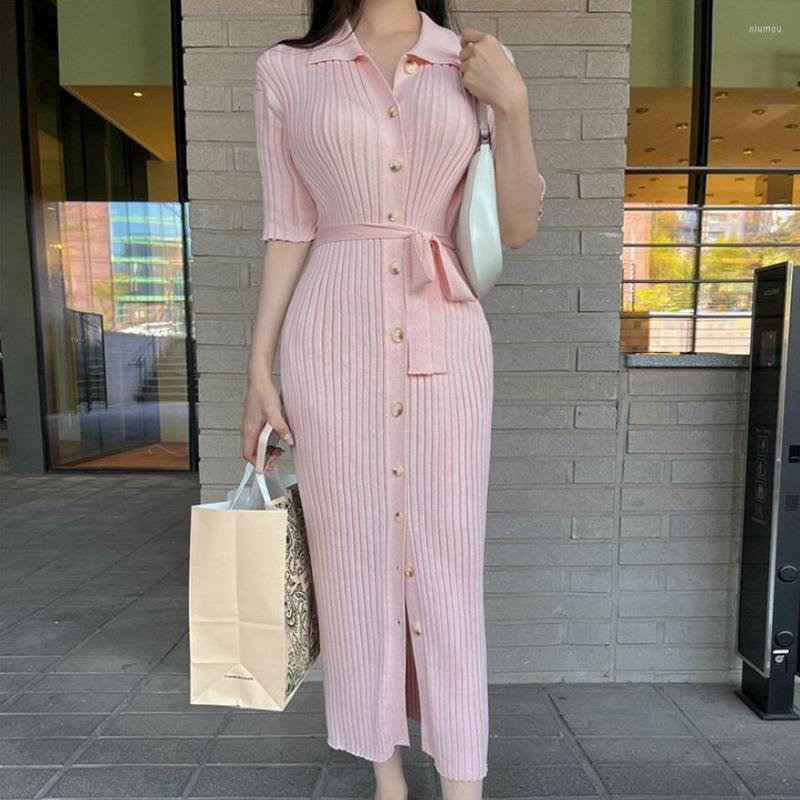 

Women's Sweaters Korean Fashion Dress Knit Half Sleeves Single Breast Slim Fit High Waist With Sash Long Lady, Pink