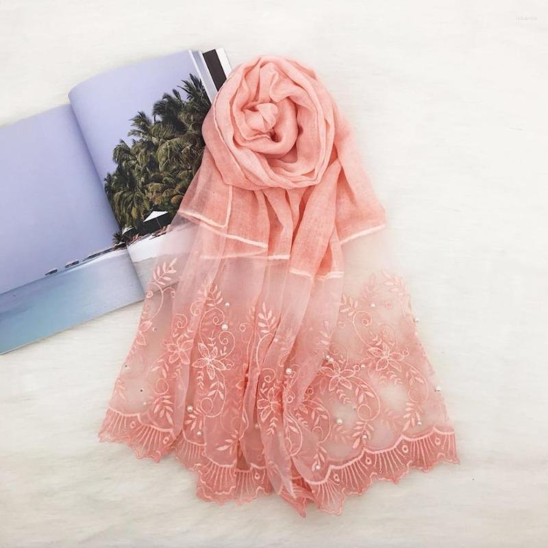 

Scarves Solid Color Fashionable Lace Scarf With Pearl Beaded Floral Border Wrap Headscarves For Women