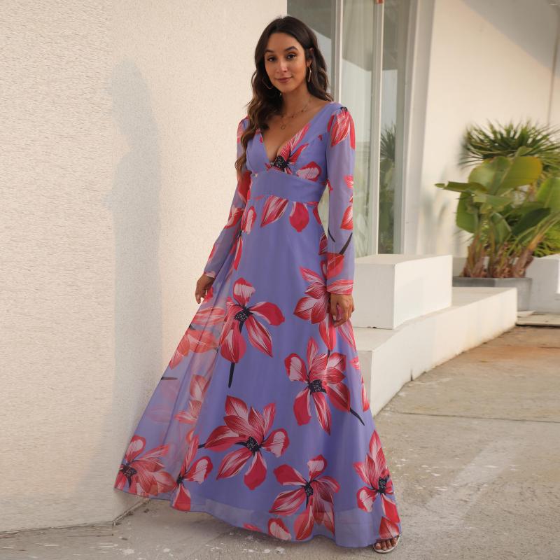 

Runway Dresses Celebrity Chiffon V Neck Backless Vacation Purple Long Sleeve Temperamental Commute Birthday Outfit For Women Ball Gown
