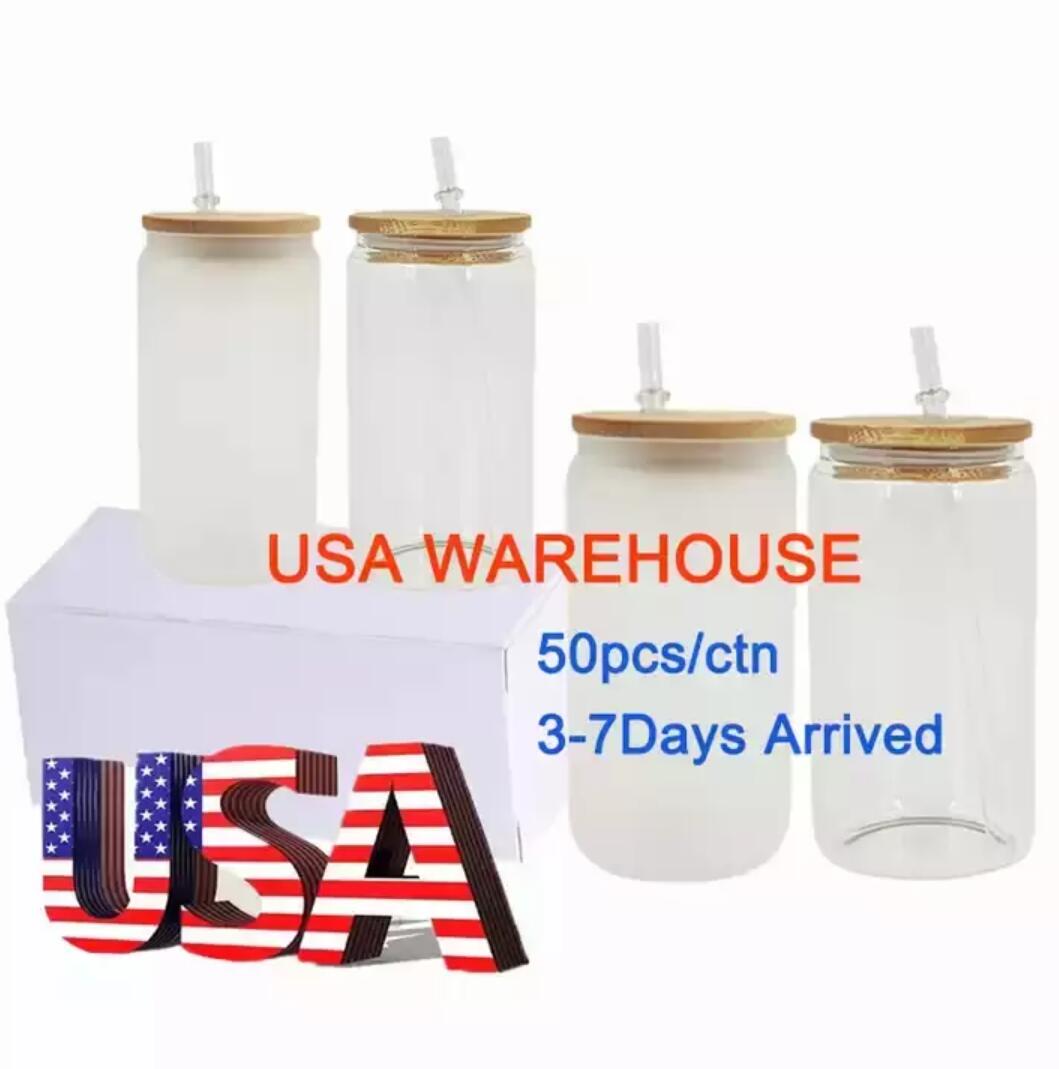 

12oz 16oz USA warehouse Water Bottles DIY blank sublimation Can Tumblers Shaped Beer Glass Cups with bamboo lid and straw for iced coffee soda GC1115S2, Frosted with lids and straws