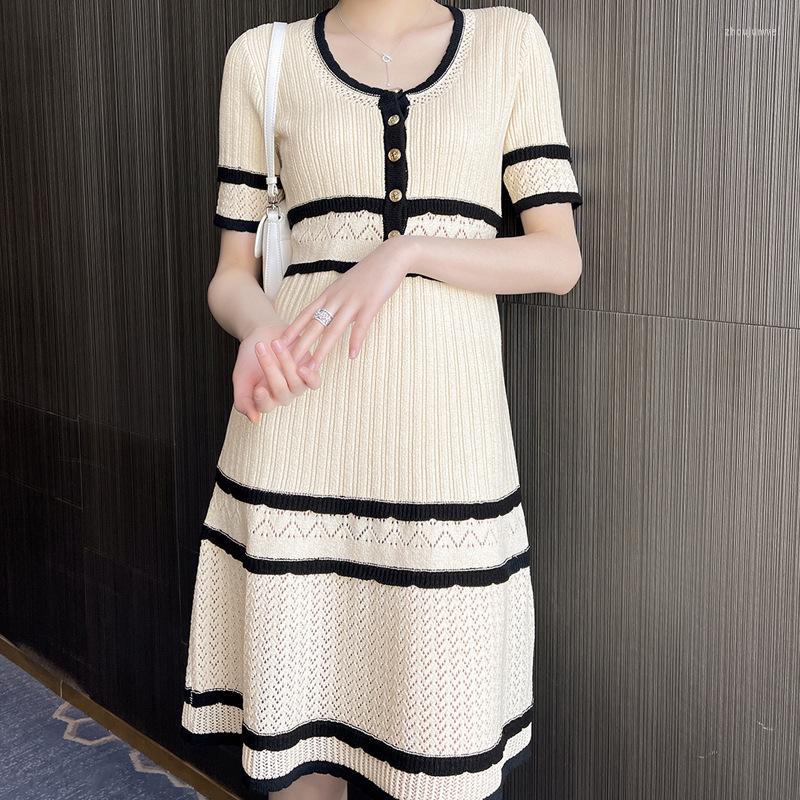 

Party Dresses Spring Summer Round Neck Striped Color Matching Mid-length Knitted Dress Women One Piece Elegant, Beige