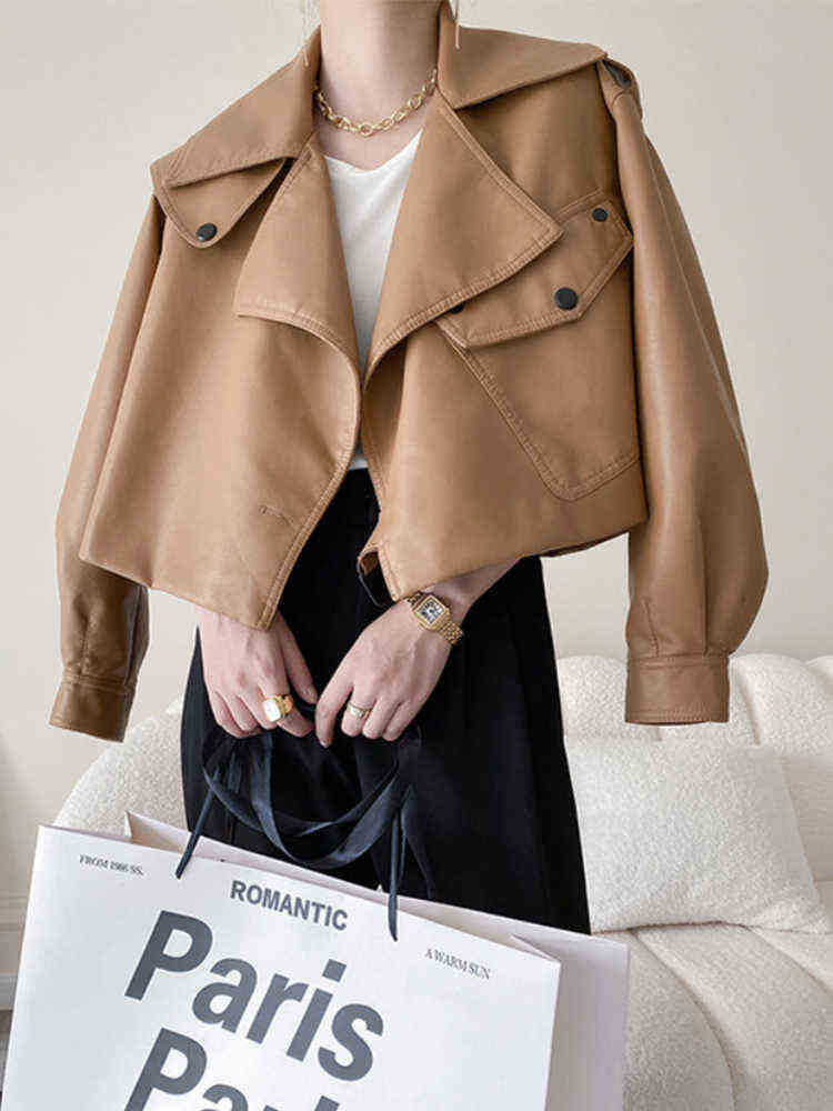 

Ftlzz New Spring Autumn Faux Leather Jacket Women Fashion Lapels Long Sleeves Short Pu Motorcycle Jackets Loose Streetwear Jacket J220727, Khaki.