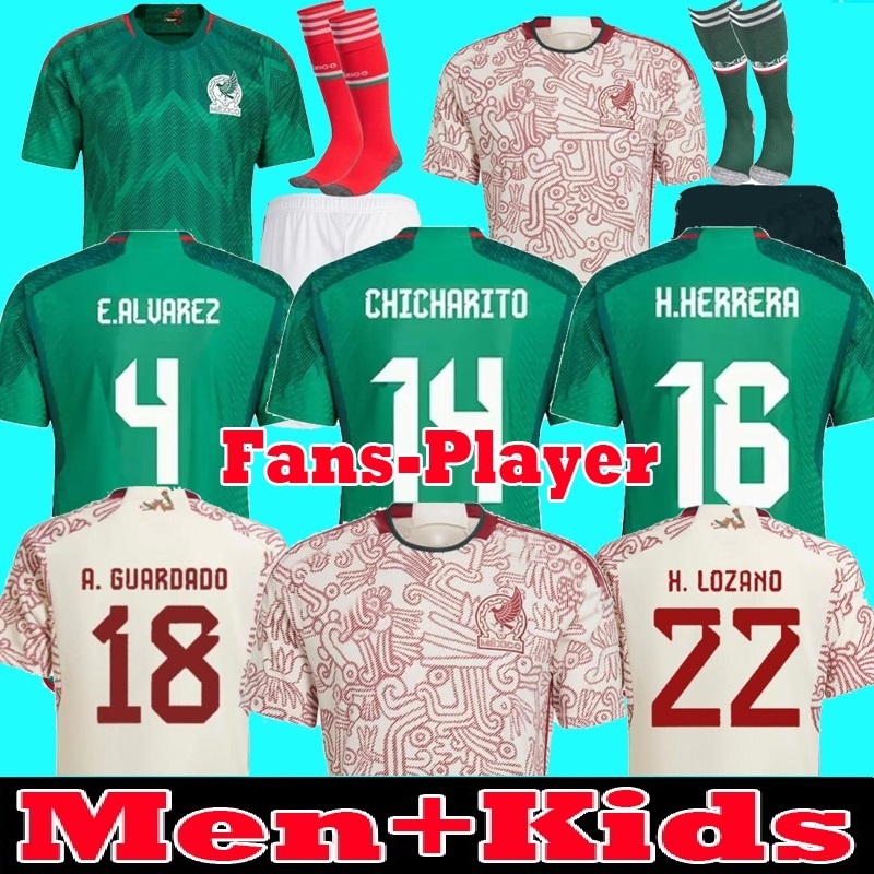 

2022 Mexico soccer jersey fans player version H. LOSANO CHICHARITO G DOS SANTOS 22 23 football shirt men kids full sets uniform, Away