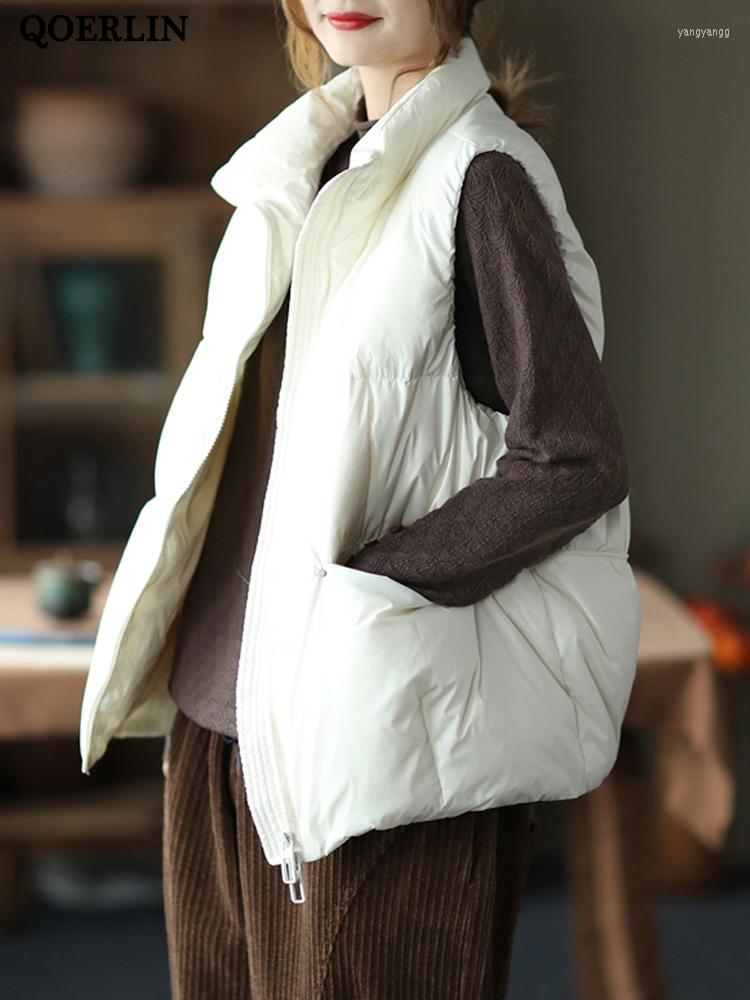 

Women's Vests QOERLIN White Duck Down Women Vest Stand Collar Sleeveless Loose Winter 2022 Zipper Black Waistcoat Overcoat Pocket Jacket