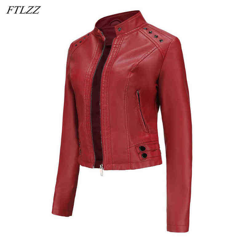 

Ftlzz Spring Autumn Women Stand Collar Faux Leather Short Jacket Slim Moto Bike Pu Leather Jacket Rivet Design Locomotive Runner J220727, Black