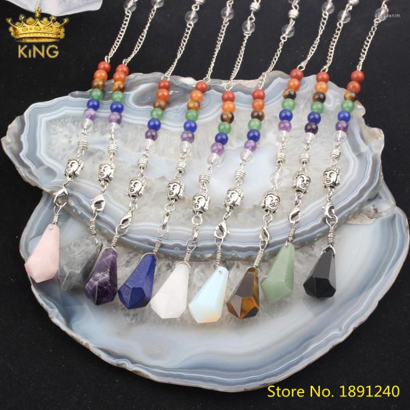 

Pendant Necklaces 5pcs Natural Amethysts White Quartz Hexagon Point Silvery Pendulum Chains Jewelry Healing Reiki Beads Charms