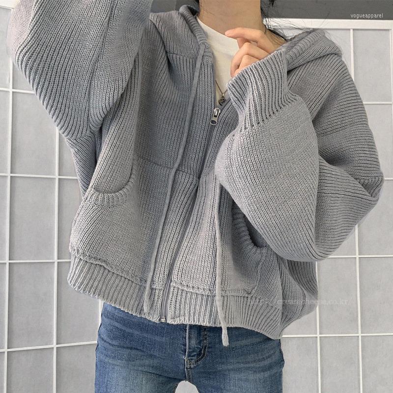 

Women's Knits Long Sleeves Casual Korean Fashion Hooded Knitting Sweater Zipper Baggy Cardigan Outerwear Tops Ladies Autumn Women's