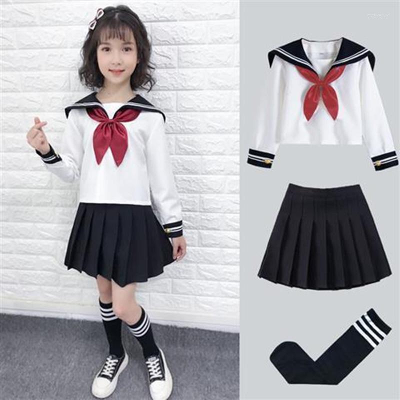 

Clothing Sets Kid JK Sailor Dress 4PCS Girl Japanese Korean Orthodox School Uniform Pleated Skirt Navy Long Short Sleeve Kawaii Suit Cosplay, Navy set1