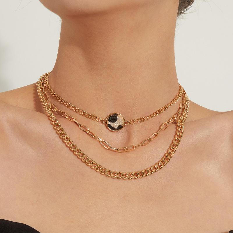 

Chains Renya 3 Layered Gold Color Link Necklace Round Leopard Skin Print Leather Charms Choker For Women Girls Punk Party Jewelry Gift