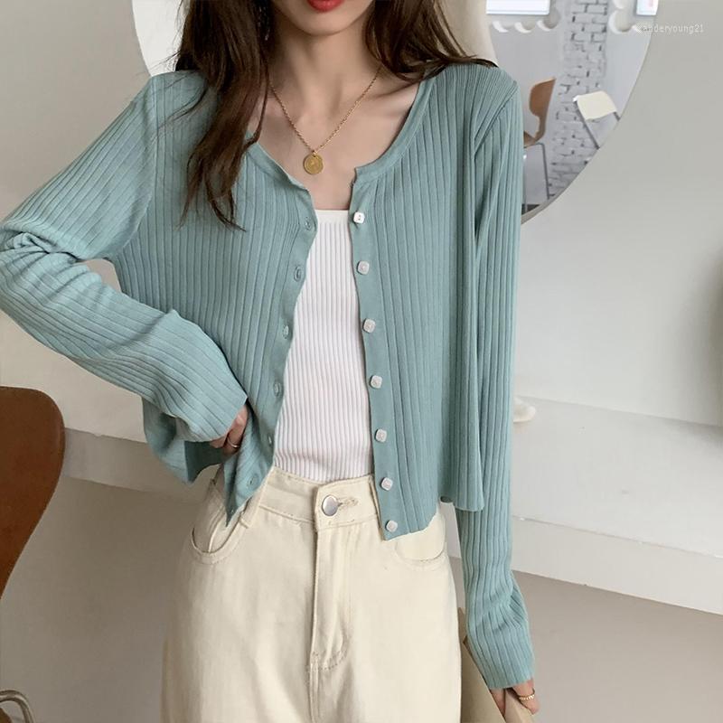 

Women's Knits Women's Knitting Cardigan V-neck Button Solid Color Long Sleeve Thin Slim Sunscreen Top Wholesale 2022 Female Clothing, Green