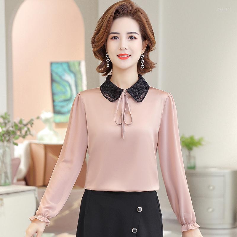 

Women's Blouses Spring Autumn Fashion Bow Satin Silk Like Shirt Elegant Pearls Collar Vintage Blouse Women Tops Long Sleeve Female Loose, Green