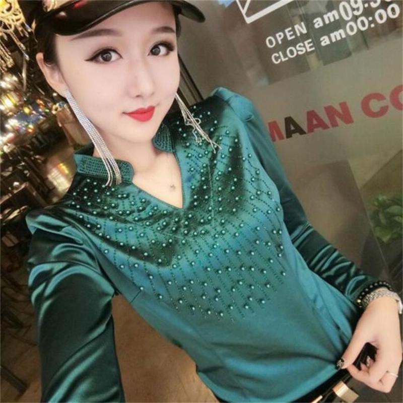 

Women's Blouses Long-sleeved Shirt Women Slim Fit Beaded Diamond V-neck Top Women's Clothing, Green