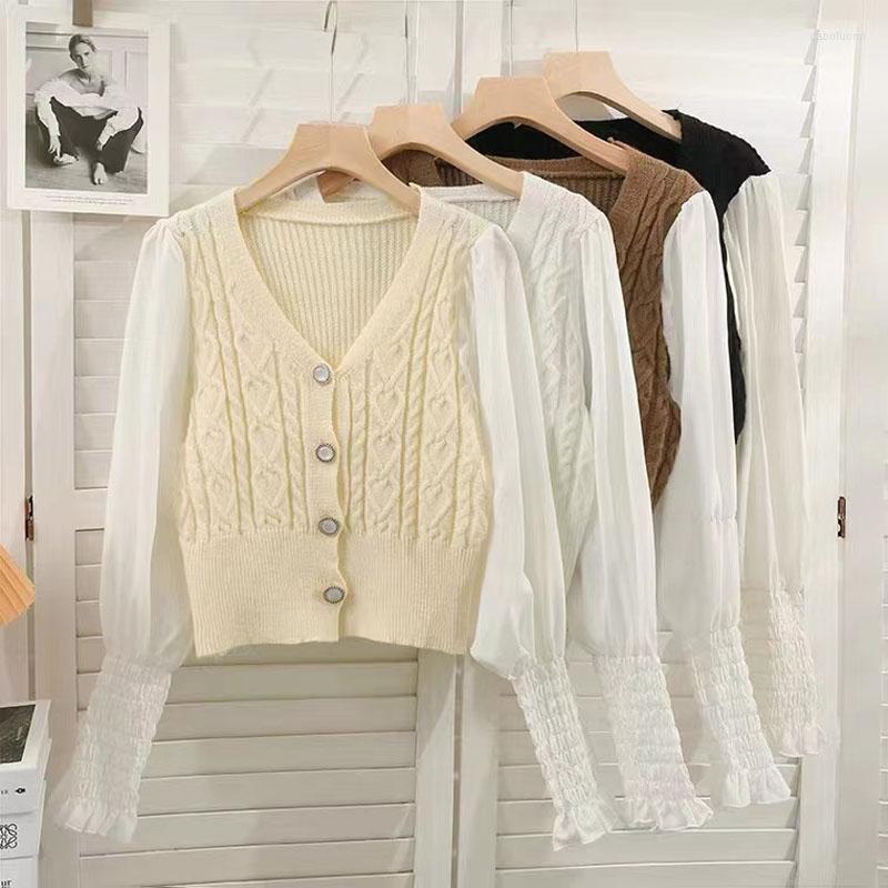 

Women's Knits Women's Clothing Spring Contrast Color Chiffon Knitted Stitching V-neck Single-breasted Cardigan Lantern Sleeves Short Top, Black