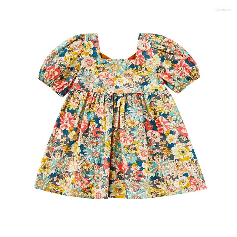 

Girl Dresses Baby Short Sleeve Dress Pastoral Style Flower Print Back Cross Straps Infants Summer A-Line, Picture shown