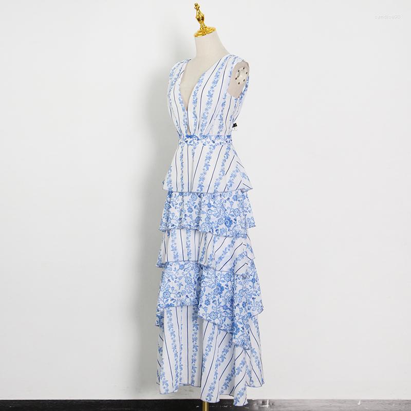 

Casual Dresses Patchwork Mid For Women V Neck Sleeveless Hit Color Female Clothing Summer Style Blue Vintage Ruffles Dress