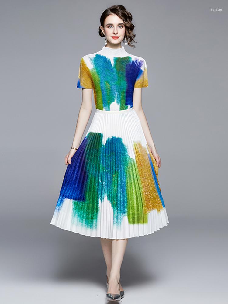 

Work Dresses Runway Fashion Summer 2 Pieces Set Women Stand Collar Contrast Color Tops High Waist Gradient Printed Skirt Holiday, 9038