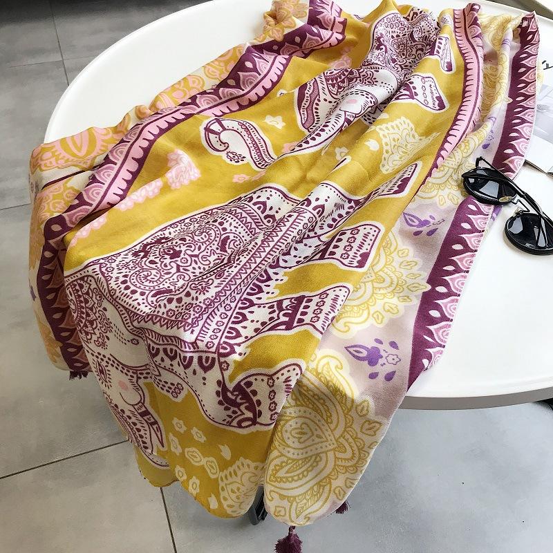 

Scarves 2022 Fashion Cotton Elephant Print Tassel Shawl Beach Cover Vintage FlowerTassel Wrap Hijab Muffler