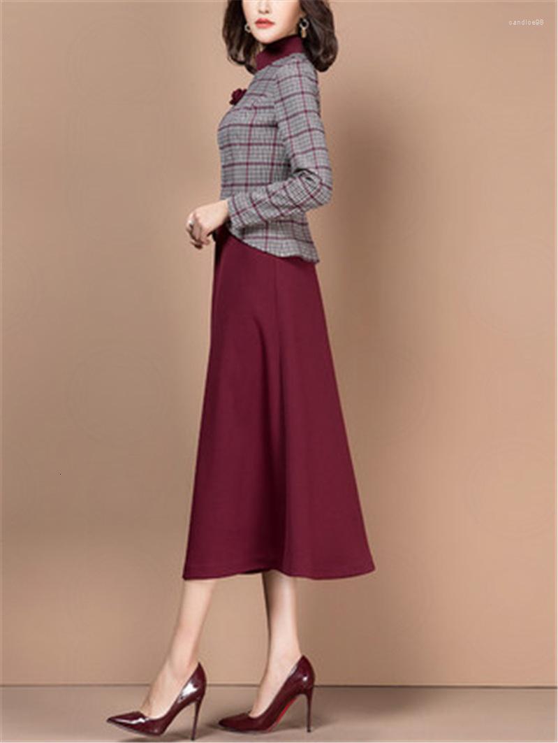 

Work Dresses Dress Suits Women Long Sleeve Vintage Plaid Slim Blazer Jacket Plus Size Formal Business Office Lady 2 Piece Set Clothes, Burgundy