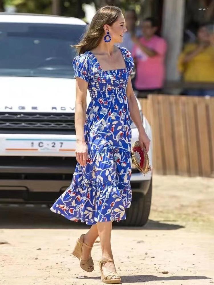 

Party Dresses Princess Kate Women' Designer High Quality Summer Fashion Bohemian Elegant Short Sleeve Blue Print Casual
