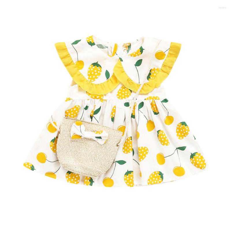 

Girl Dresses Sweet Born Princess Collar Strawberry Print Dress Infant Baby Girls Summer Sleeveless Ruffled A-Line Short 0-24 M, Pink