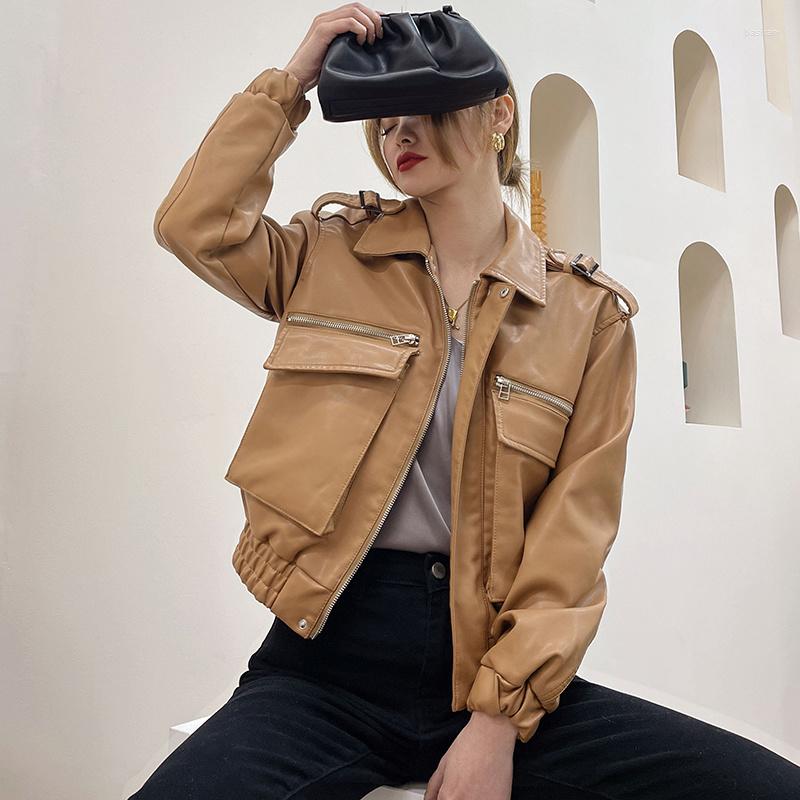 

Women' Leather 2023 PU Jacket Women Spring Loose Black Army Green Red Beige Coat Woman Punk Moto Bikers Female
