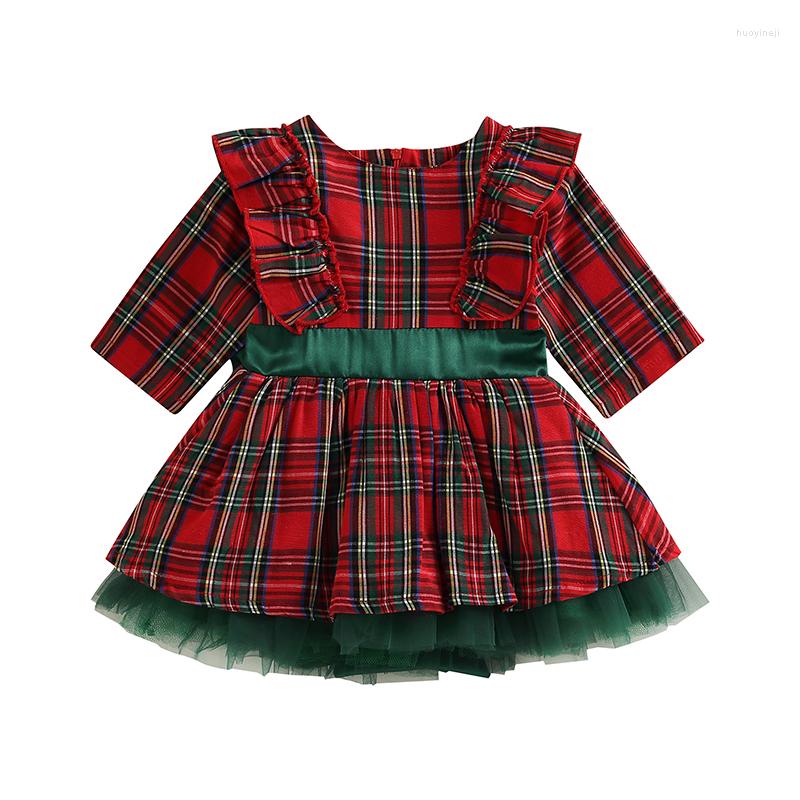 

Girl Dresses Toddler Christmas Dress Plaid Print Long Sleeve Round Neck Ruffled Tulle Patchwork A-Line Xmas Clothing, Picture shown